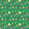 Thread & Ink Designs Home For Christmas Deck The Tree fabric in green with colourful hanging baubles, stars, candy canes and Christmas stockings
