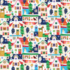Thread & Ink Designs Home For Christmas Christmas Eve fabric with colourful festive houses, Christmas trees, snowmen, reindeer and winter motifs