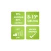 A green informational graphic with four square sections highlighting key features of Matilda's Own 100% Bamboo Quilt Wadding. The top left square states "50% Bamboo, 50% Cotton" indicating the natural fibre content. The top right square specifies "8-10" Quilting," referring to the recommended maximum quilting distance in inches. The bottom left square shows a loft scale with the word "Low," suggesting a thin and lightweight wadding. The bottom right square features a checkmark and the words "Machine Washable," confirming that the wadding can be safely washed.
