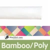 A roll of Matilda's Own Bamboo Poly Wadding, a premium-quality, quilt batting. The wadding appears soft and white, rolled neatly. Below the roll, there is a colourful, geometric-patterned banner featuring the Matilda's Own logo, which includes a small illustration of a sheep holding a quilt. The bottom section has a green background with the word "Bamboo Poly" in bold white letters, emphasising the product’s fibre composition.