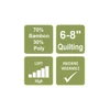 A green informational graphic with four square sections highlighting key features of Matilda's Own 70% Bamboo 30% Poly Quilt Wadding. The top left square states "70% Bamboo, 30% Poly" indicating the fibre content. The top right square specifies "6-8" Quilting," referring to the recommended maximum quilting distance in inches. The bottom left square shows a loft scale with the word "High," suggesting a higher and lightweight wadding. The bottom right square features a checkmark and the words "Machine Washable," confirming that the wadding can be safely washed.