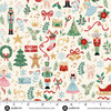 Makower UK The Nutcracker Collection Fairytale Cream fabric with Nutcrackers, ballerinas, trees and festive motifs on cream, shown with a ruler for scale.