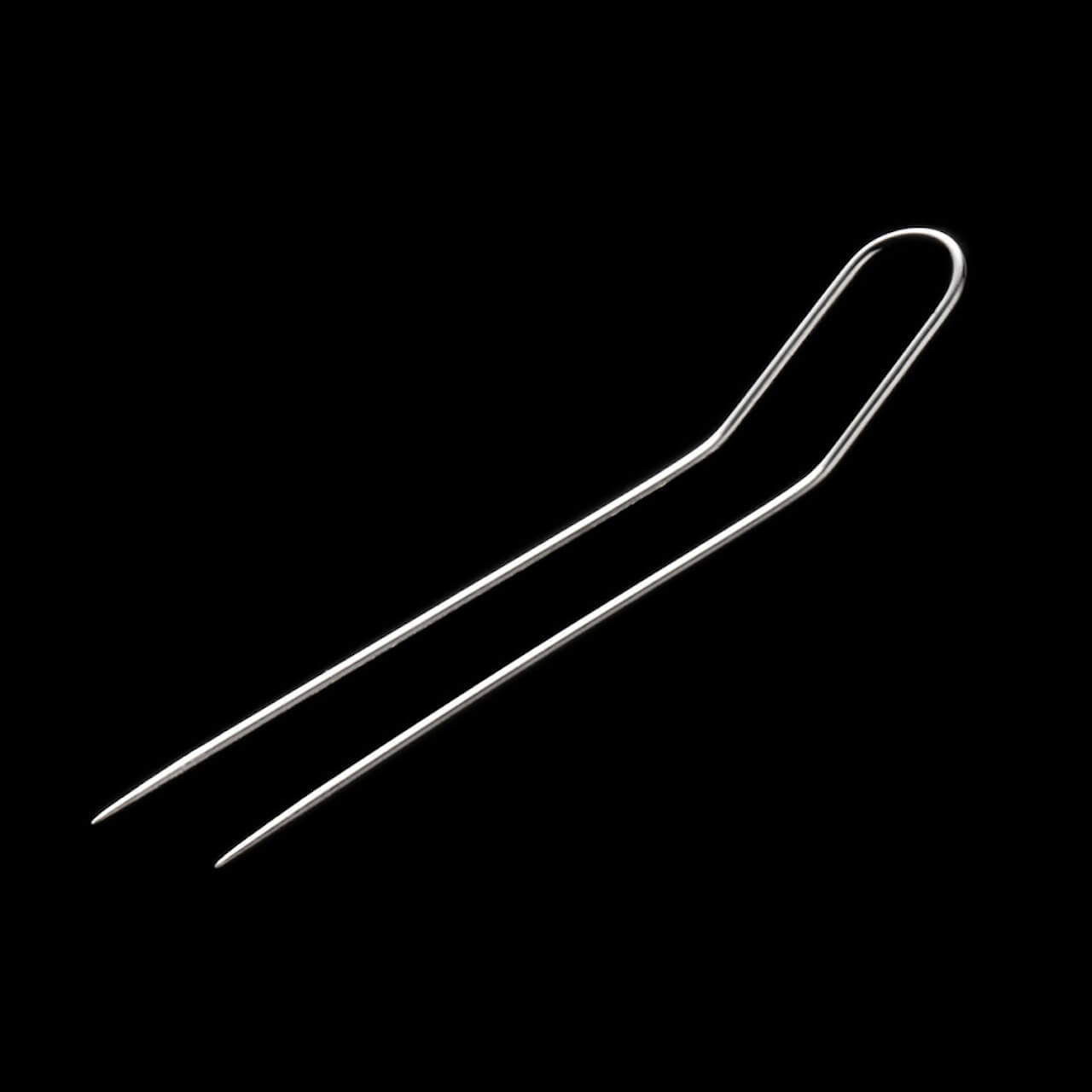 A single Clover Fork Pin displayed against a black background, showcasing its unique two-pronged design with a bent tip for precision fabric handling.