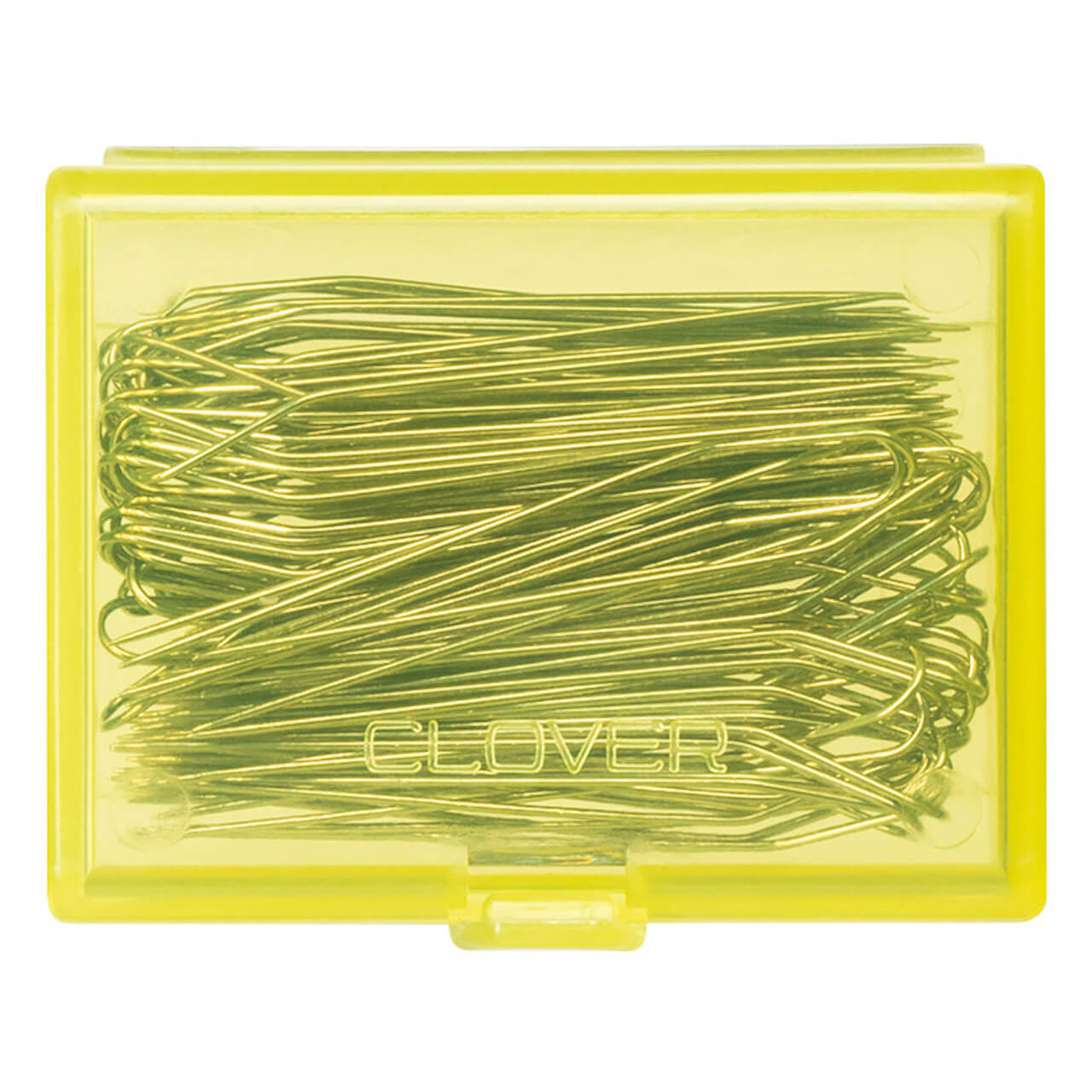 A transparent yellow plastic case filled with Clover branded fork pins, made of steel and designed for precision textile crafting.