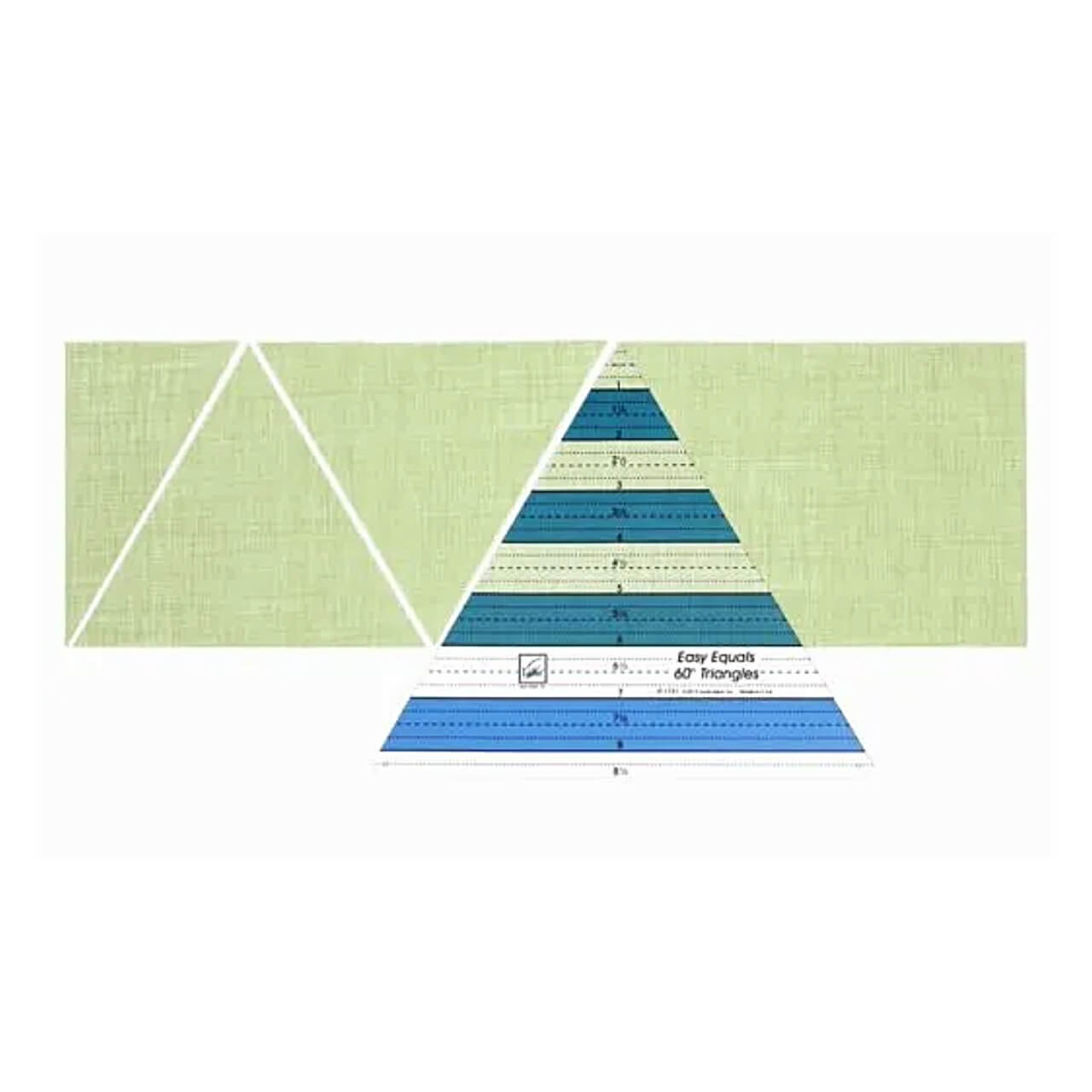 A demonstration of the June Tailor Easy Equals 60 Degree Triangle Ruler in action, perfectly aligned on a strip of green fabric to measure and cut precise triangles for quilting.