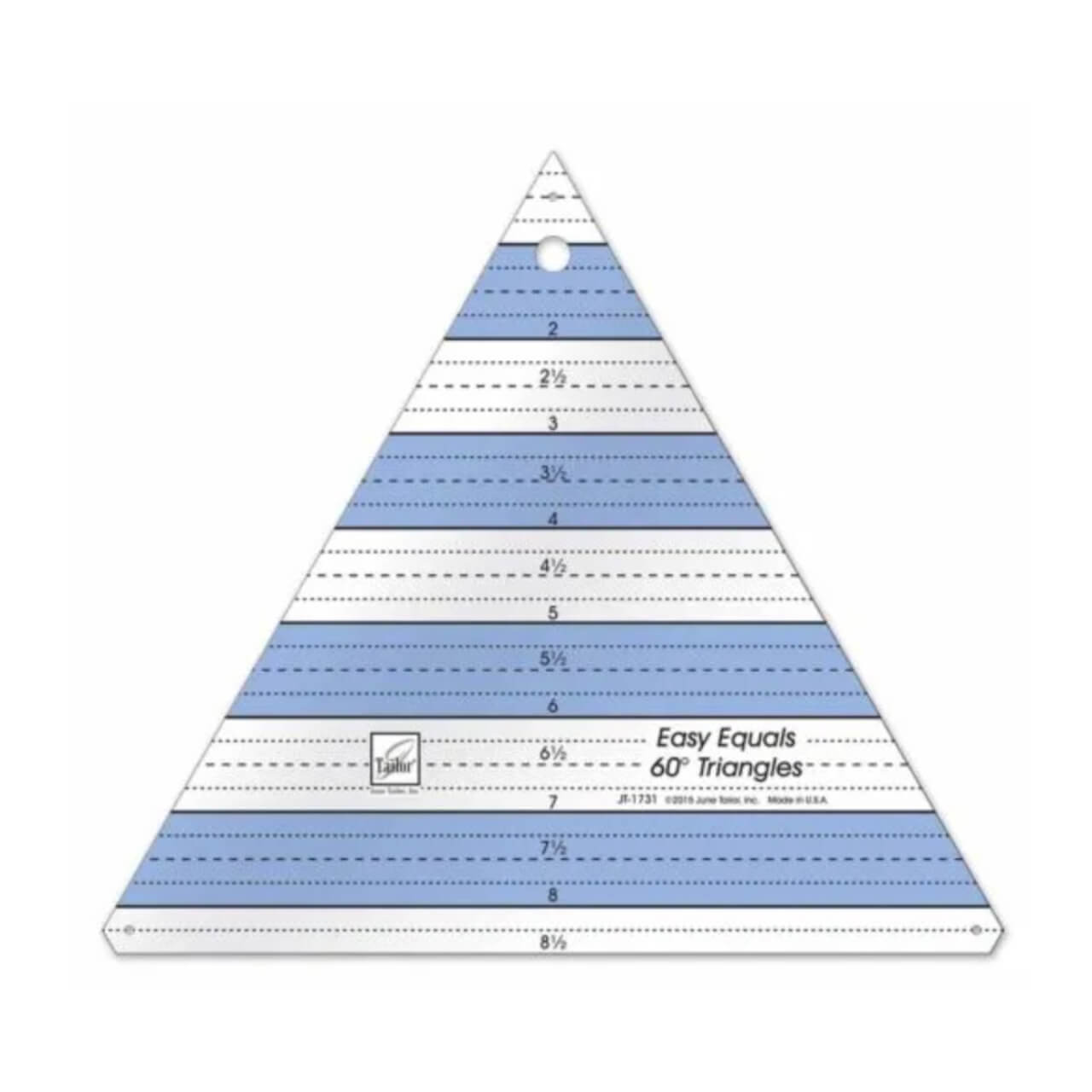 The Easy Equals Triangle Ruler by June Tailor, a blue triangular ruler with clear measurement lines for cutting fabric into 60-degree triangles, suitable for quilting and various sewing projects.