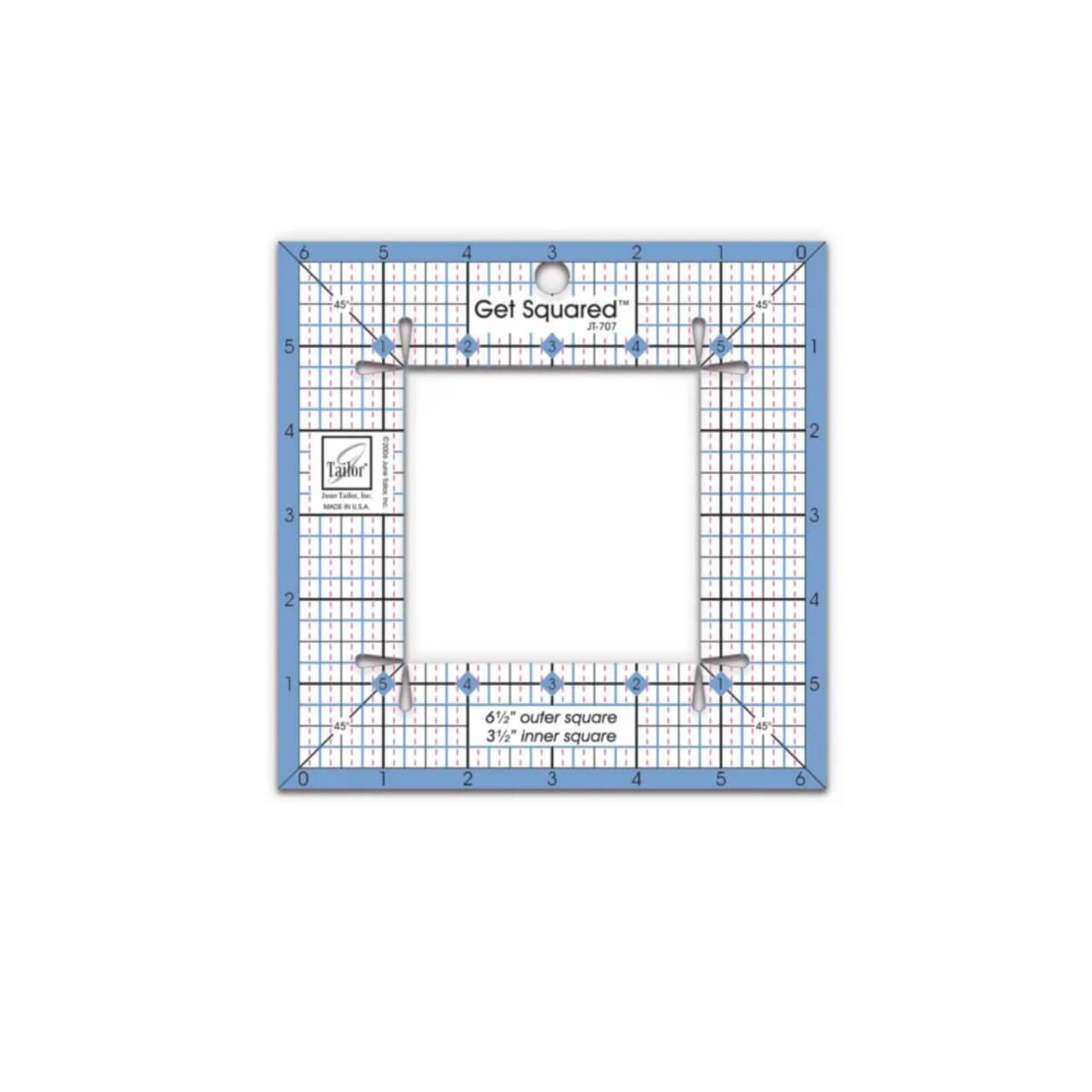 The Small Get Squared Ruler by June Tailor, a transparent square-shaped ruler with grid lines and a central square cutout, designed for accurately measuring and cutting fabric for quilting.