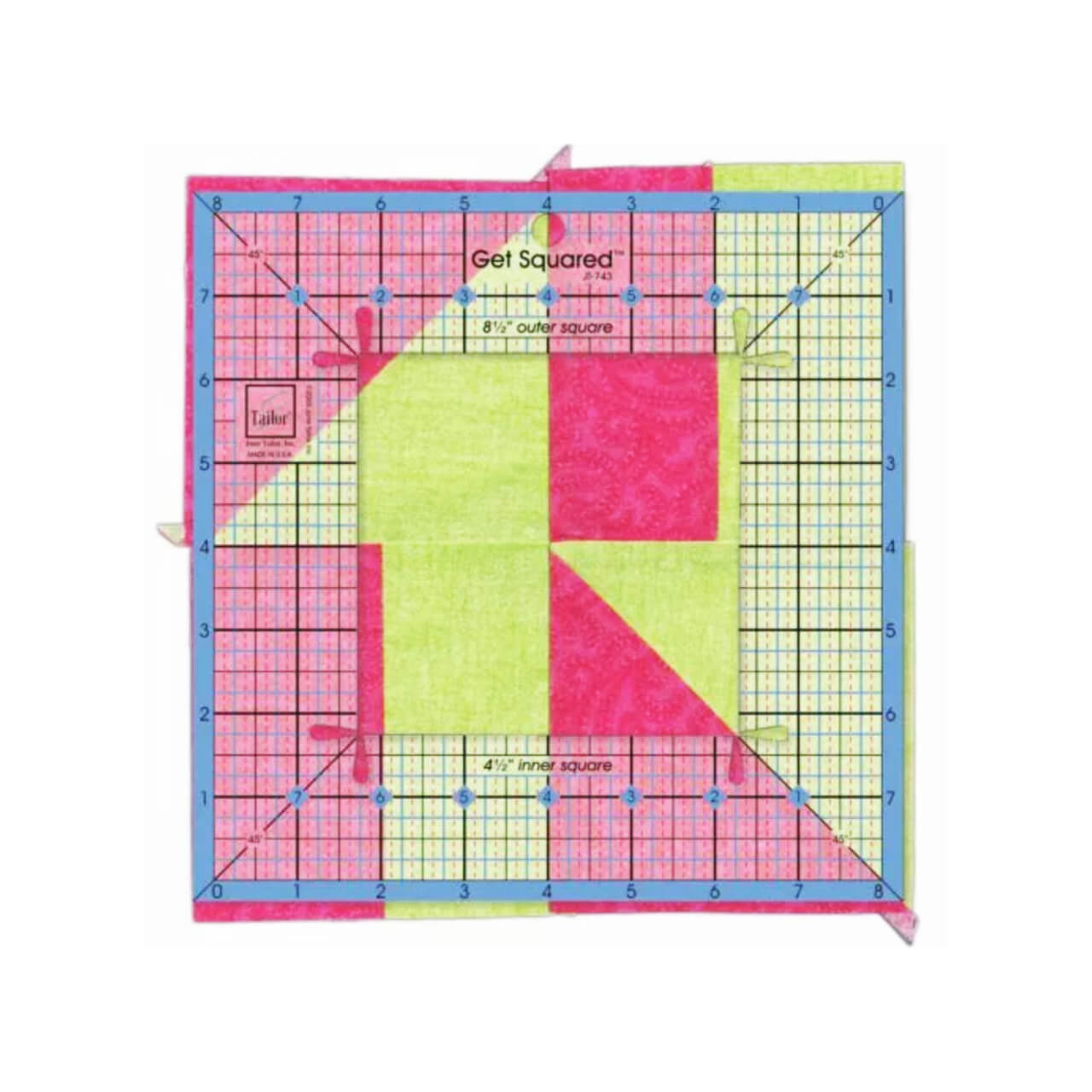 The Medium Get Squared Ruler by June Tailor is shown in use, overlaying a colorful quilt block composed of pink, green, and yellow sections, demonstrating the ruler's capability for precise measurement and trimming.