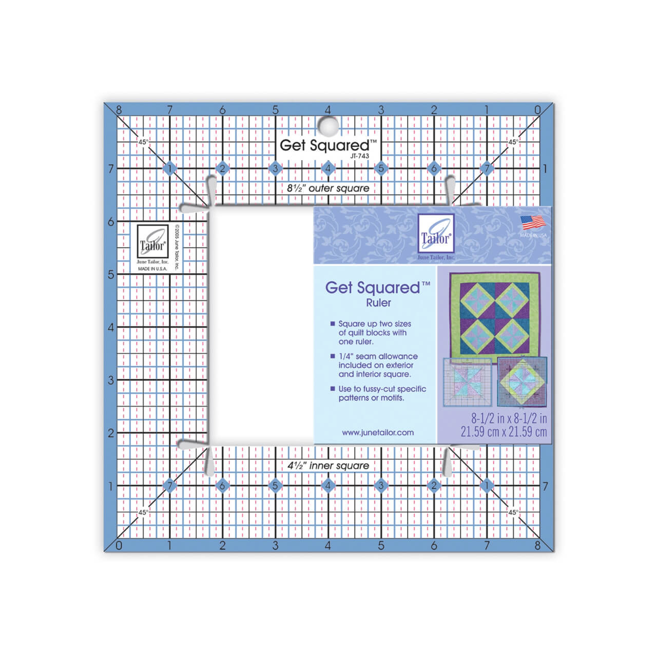 The Medium Get Squared Ruler by June Tailor, a clear ruler with a square and a smaller square cutout inside, marked with measurements for squaring up medium-sized quilt blocks, displayed with a picture and instructions on the label.