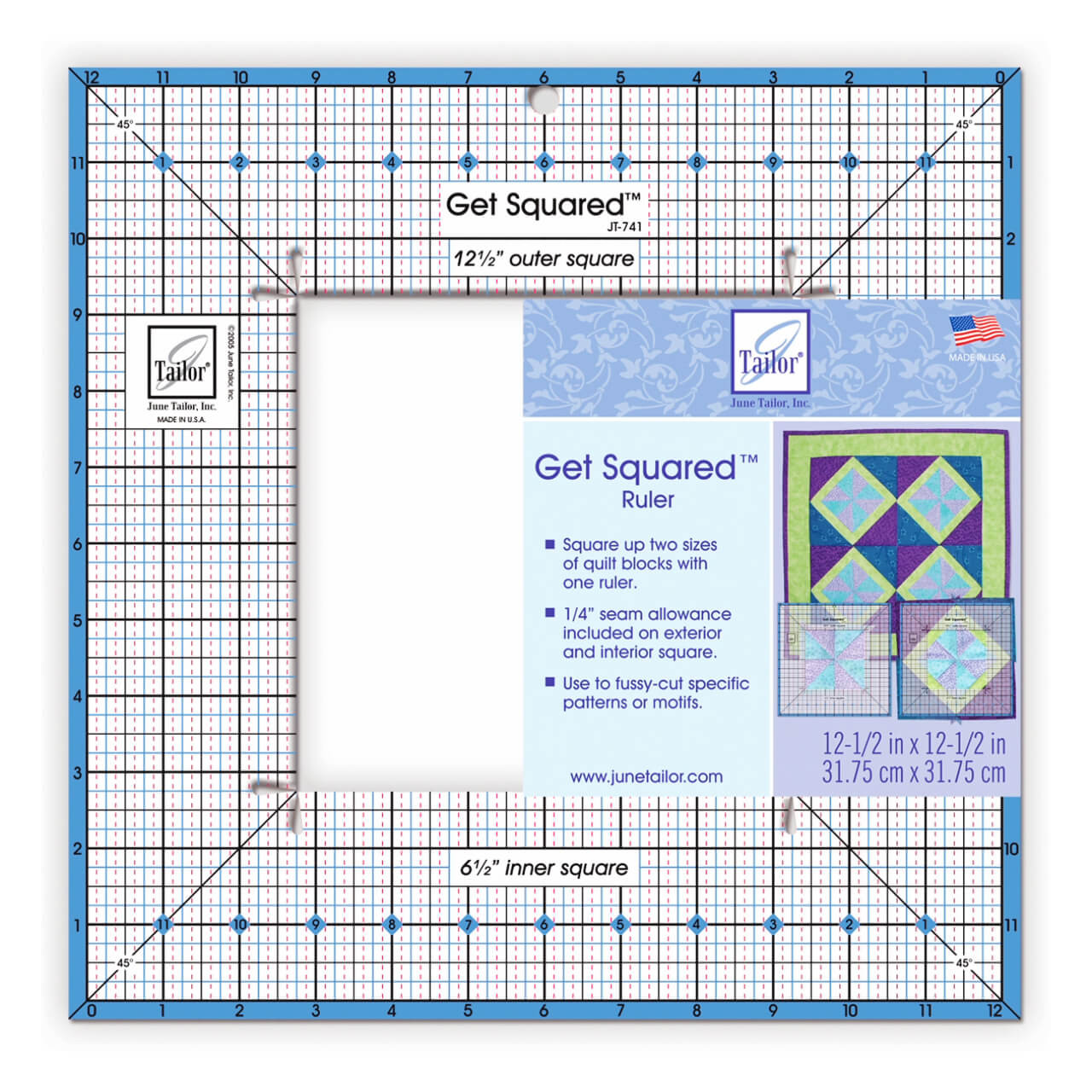 Image displaying the Large Get Squared Ruler by June Tailor, a square-shaped, clear ruler with grid lines and measurements for precise cutting of quilt blocks, featuring a 12 1/2 inch outer square and a 6 1/2 inch inner square, with detailed usage instructions on the label.