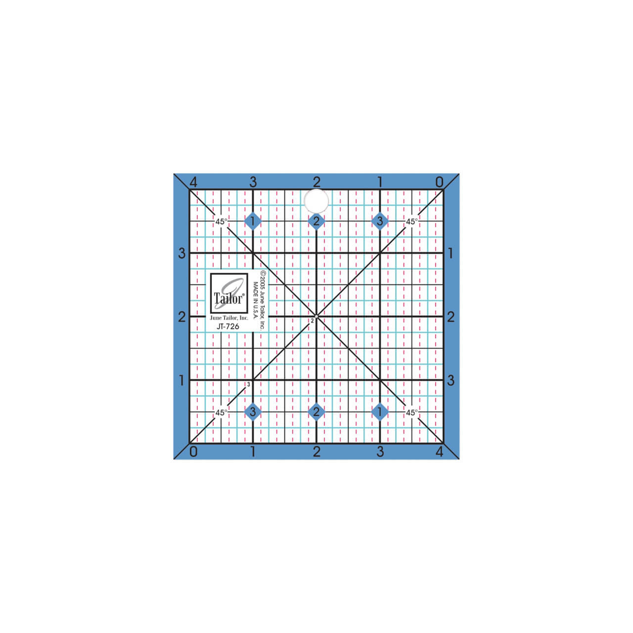 This image shows the June Tailor 4.5" Square Up Ruler, a quilting tool featuring a blue border with red grid lines and markings for precise measurement and cutting of fabrics. The ruler's clear design allows for easy visibility of material underneath, and its compact size is ideal for small-scale projects.