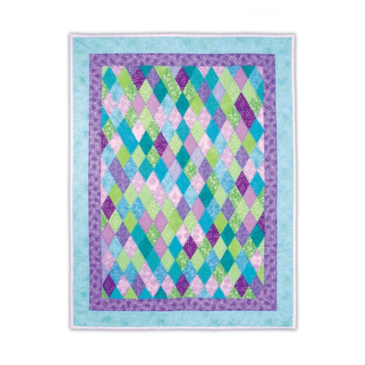 A completed quilt featuring a vibrant array of purple, blue, and green diamond-shaped patches arranged in a striking diagonal pattern, showcasing the design possibilities with the June Tailor Diamond Cut Ruler.