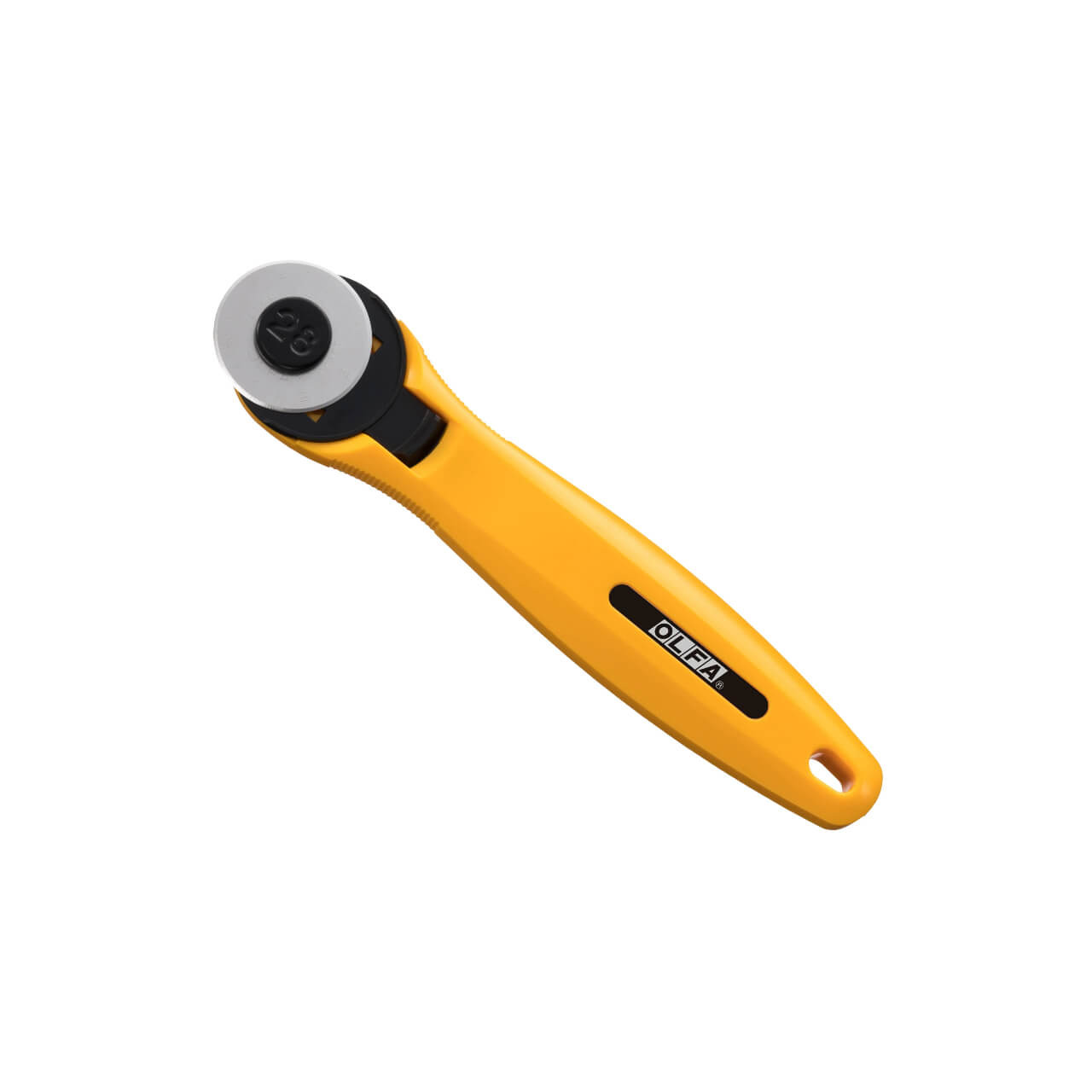 OLFA 28mm Quick-Change Rotary Cutter with the safety cover opened. The cutter is a vibrant yellow handle, black grip, and silver blade, isolated on a white background.
