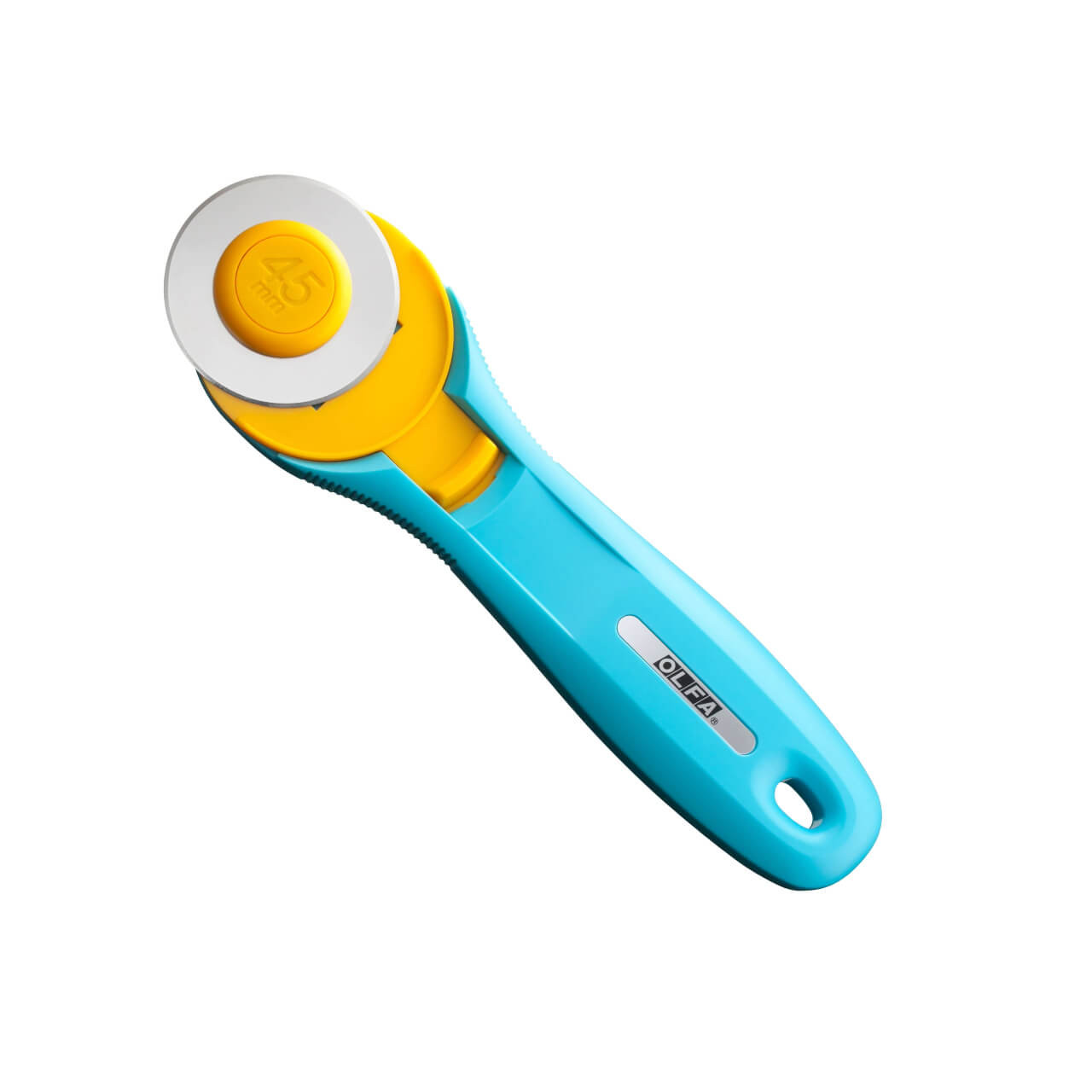 OLFA 45mm Quick-Change Rotary Cutter with an aqua handle, yellow grip, and silver blade. Pictured with safety pulled back.