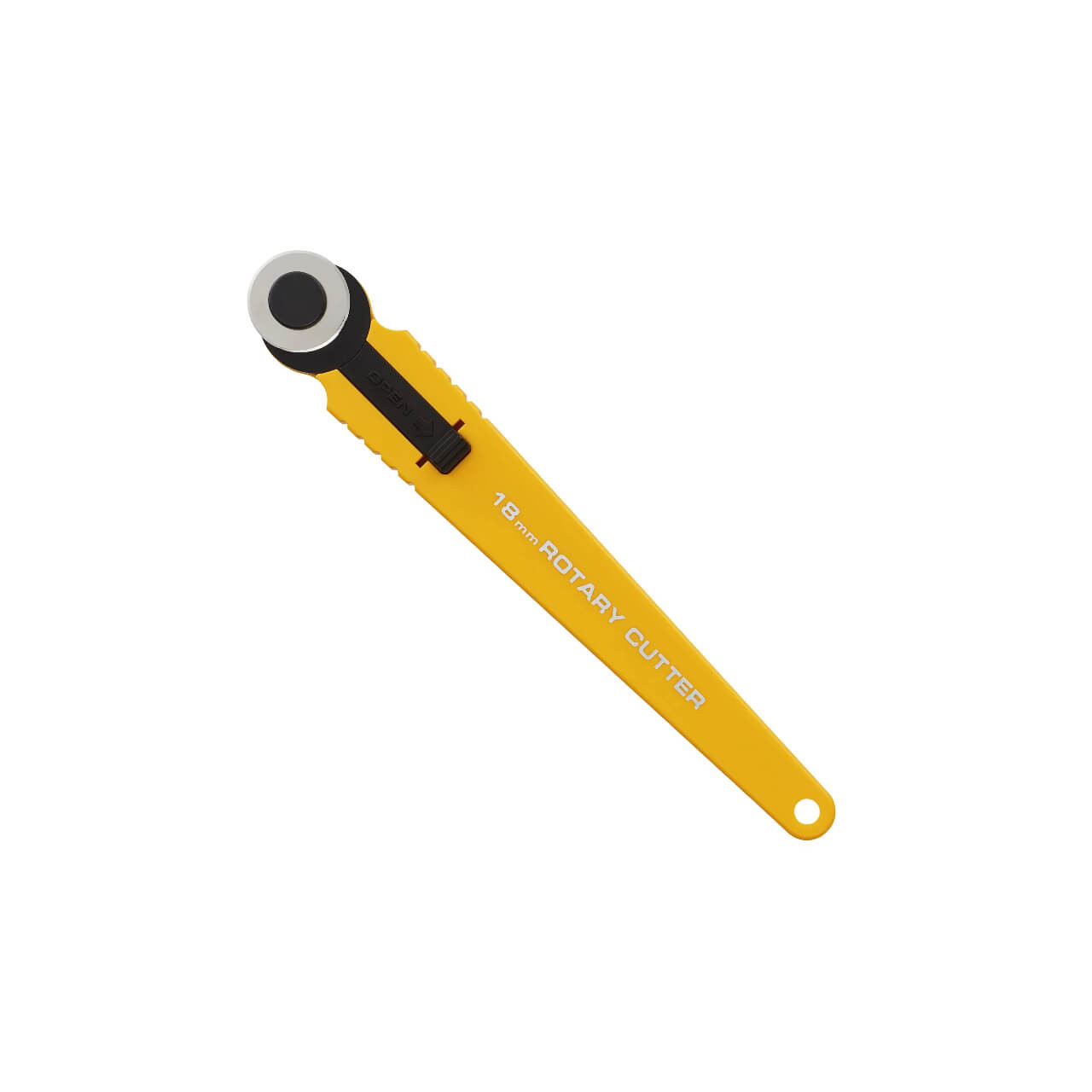 OLFA 18mm Quick-Change Rotary Cutter with a vibrant yellow handle, black grip, and silver blade, isolated on a white background.