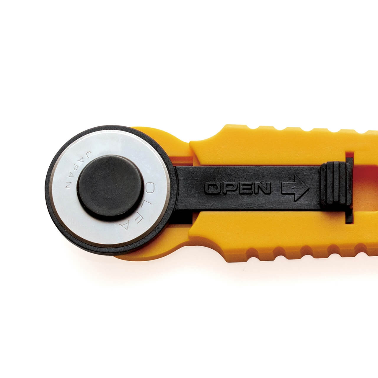 Close up view of the OLFA 18mm Quick-Change Rotary Cutter with a vibrant yellow handle, black grip, and silver blade
