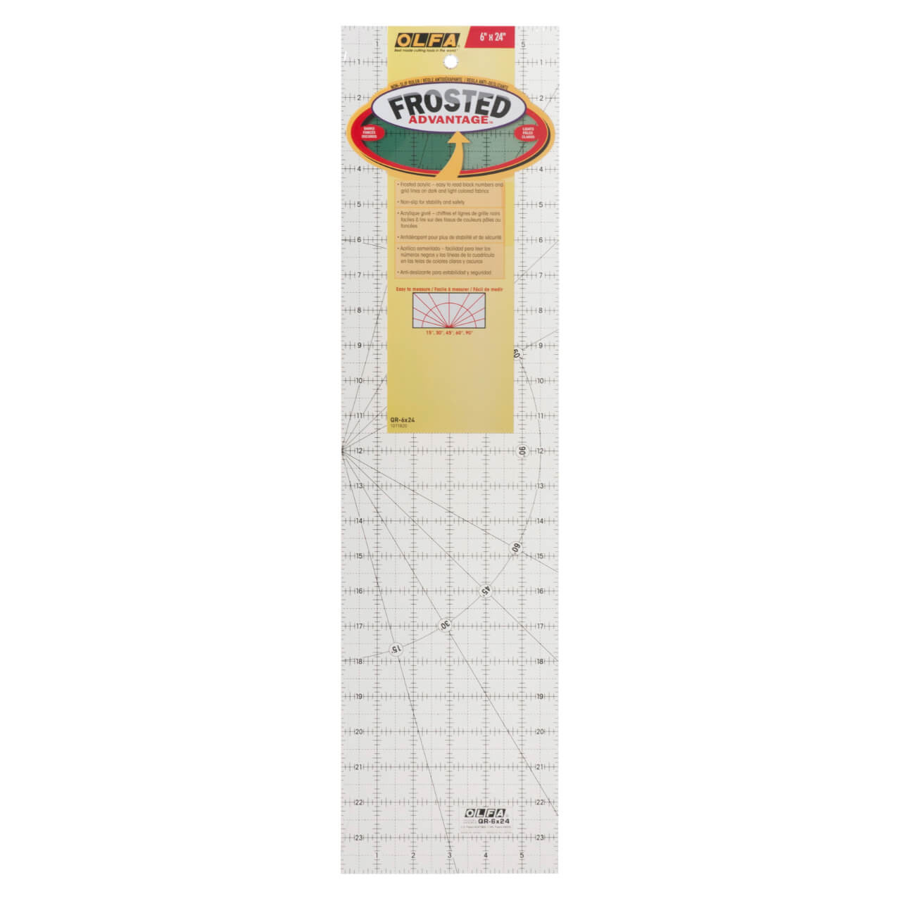 OLFA 6 x 24-inch Frosted Advantage acrylic ruler displayed in packaging with a clear label, grid, and angle lines for precision fabric cutting and measuring