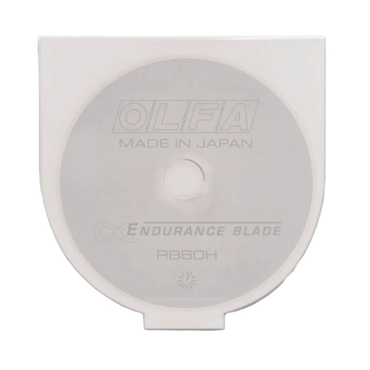 OLFA 60mm RB60H Endurance Rotary Blade in a transparent protective case, showcasing the blade's markings and branding