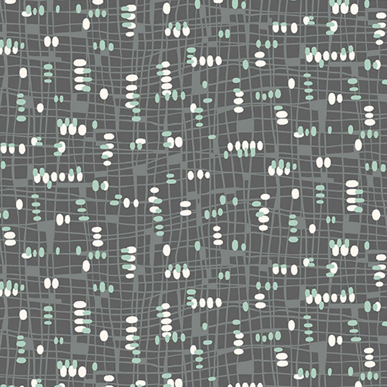 Artistic Excellence: Sea Glass Abstract Fabric -  features a loose grey grid against a dark grey background. The pattern is then overlaid with white and turquoise dots.