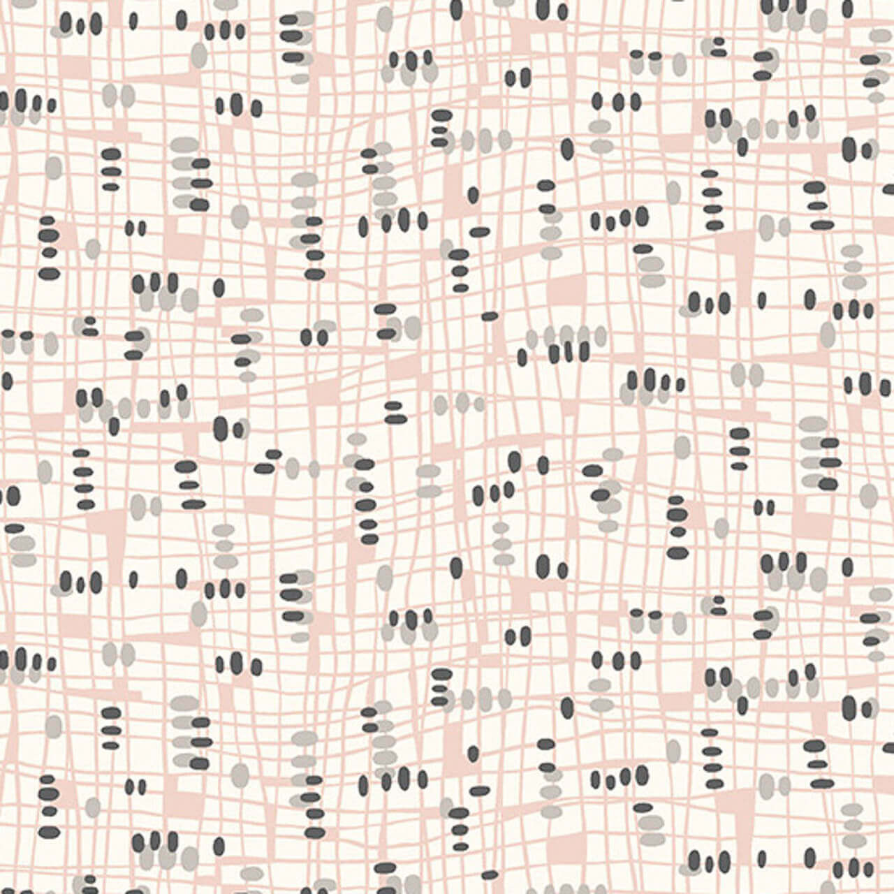 Dive into Mid-Century Charm with Shell Pink Abstract-  features a loose pale pink grid against a white background. The pattern is then overlaid with grey dots.