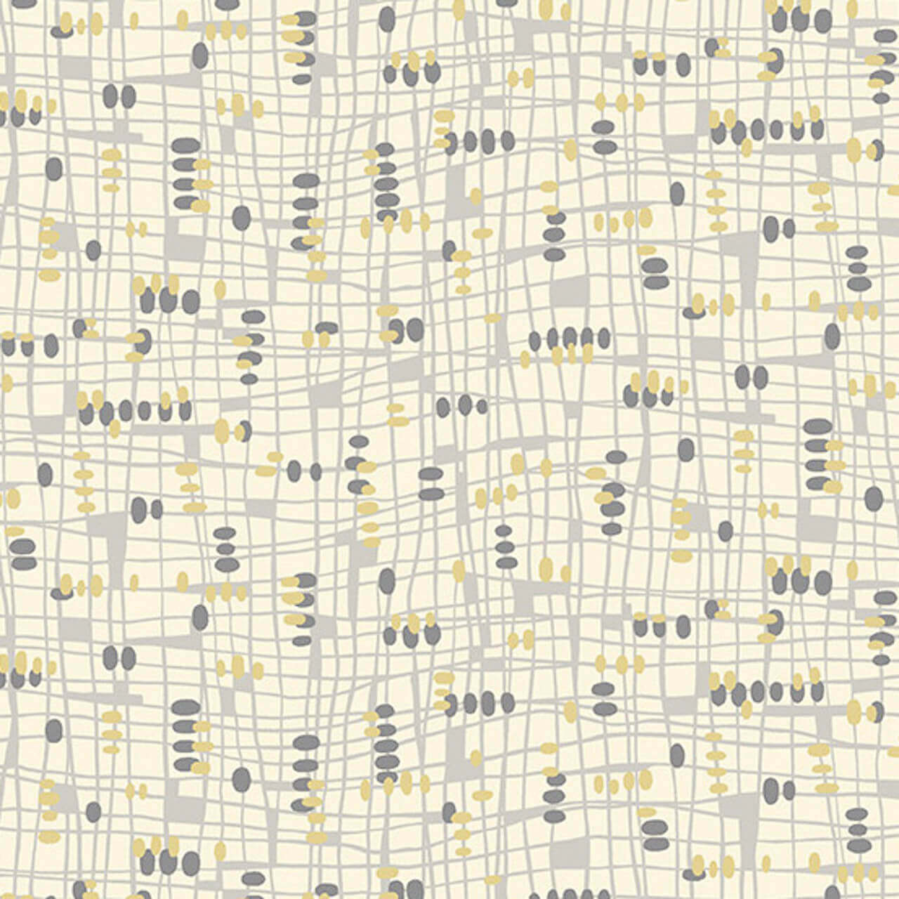 A Rancho Relaxo Masterpiece: Canary Yellow Abstract -  features a loose grey grid against a pale yellow background. The pattern is then overlaid with grey and yellow dots.