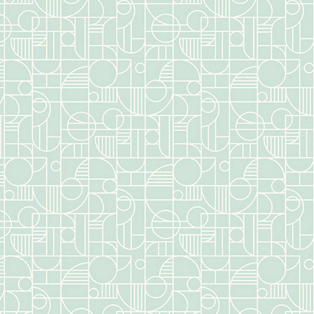 Crafting Calm: Sea Glass Gateway Fabric -  features a line-drawing grid of white circles and semi-circles against a pale turquoise background