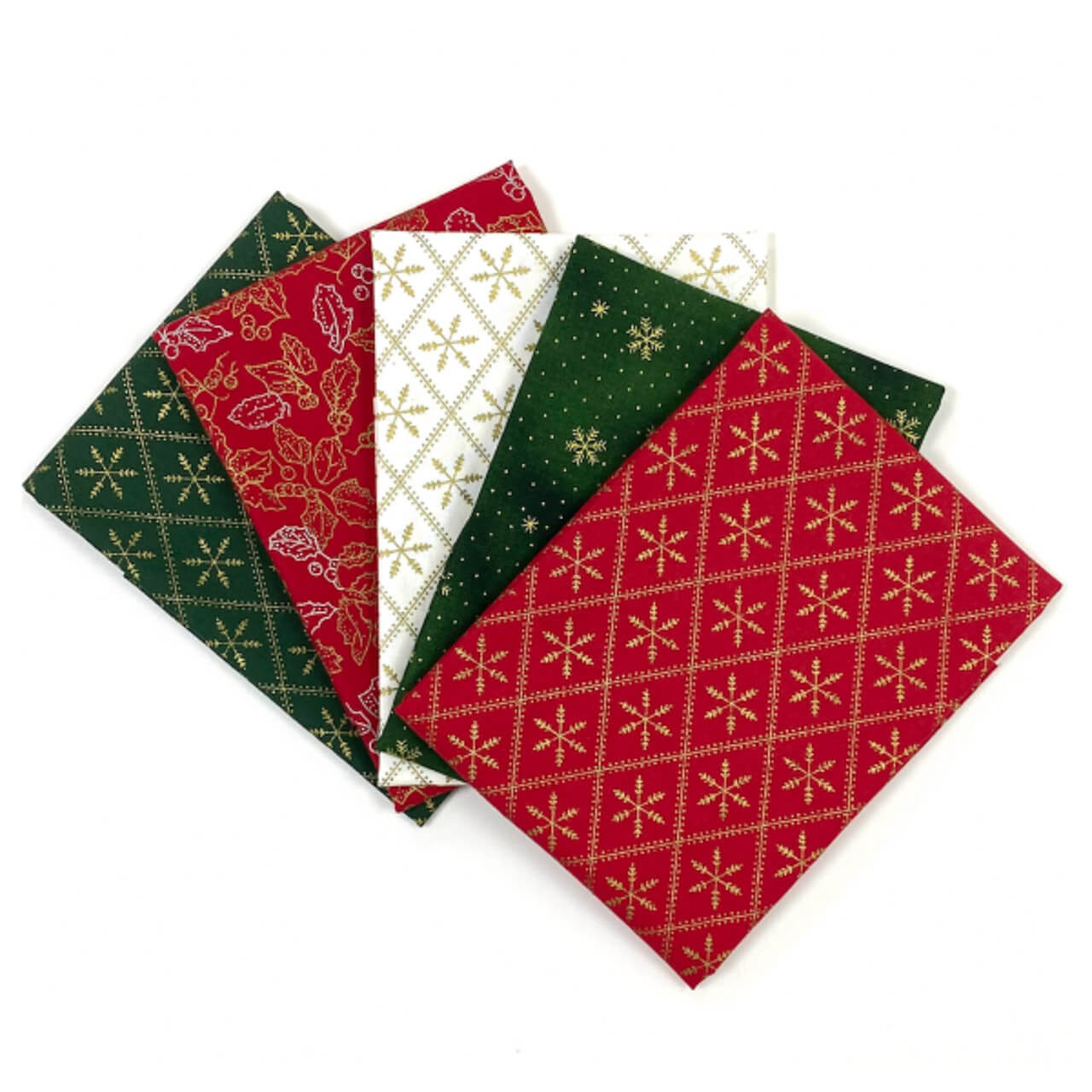 Red, Green & White Snowflakes and Holly Fat Quarters - 5 Fabric Bundle