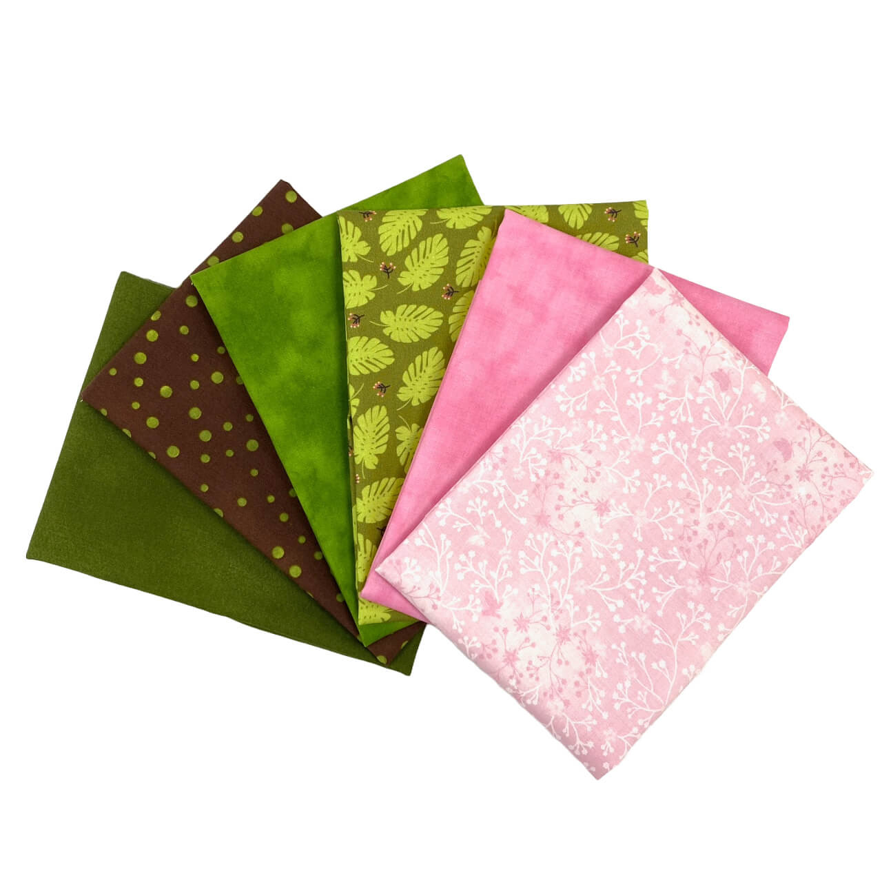Custom-curated Cottage Garden fat quarter bundle by Benartex & John Jouden, featuring six fabrics in shades of pink and green.