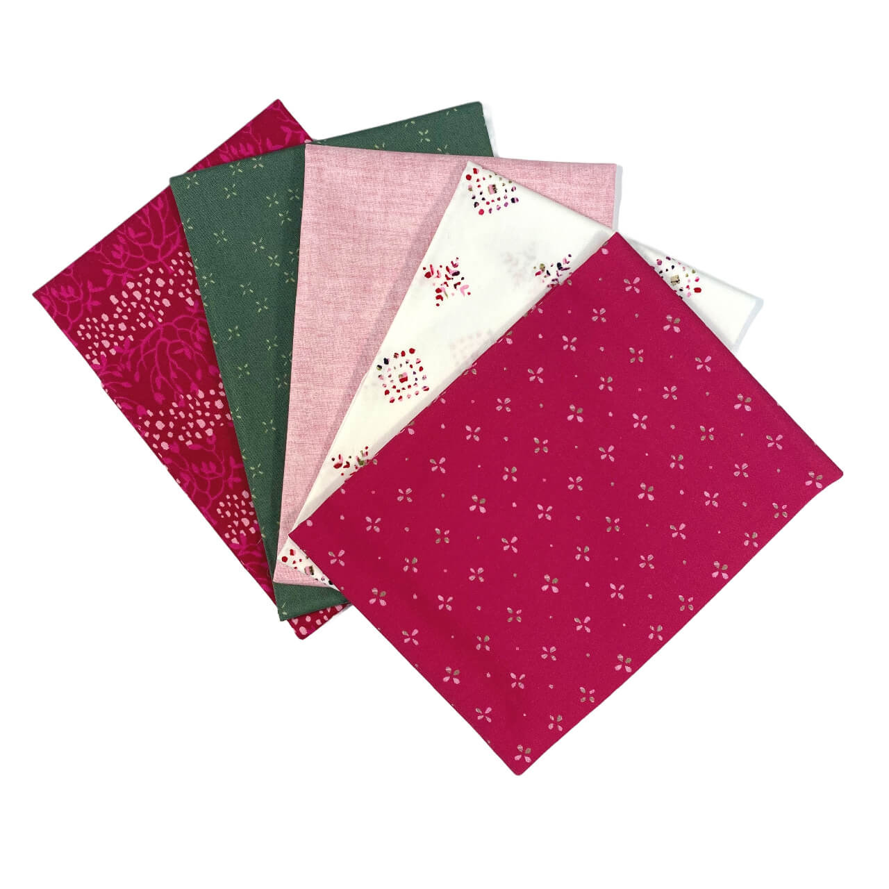 Art Gallery Fabrics' Berry Blush Medley fat quarter bundle in fuchsia, moss green, and white, Studio Cut to size.