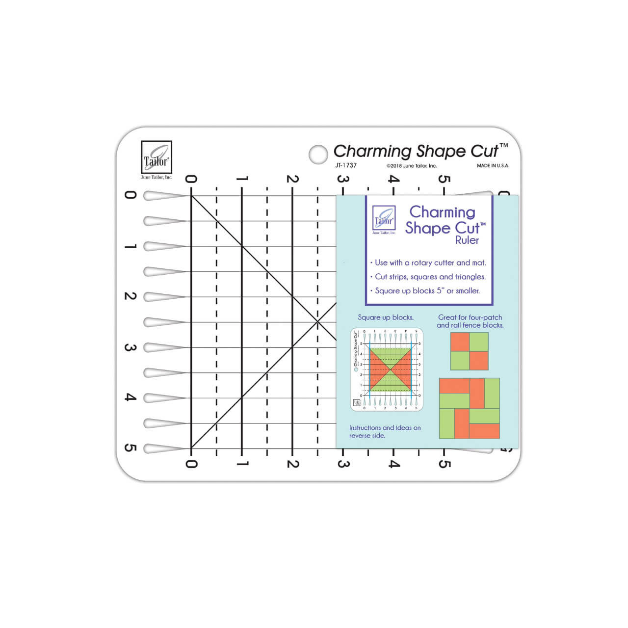 June Tailor Charming Shape Cut Ruler with 5-inch grid and slots for cutting, detailed packaging information visible in the background