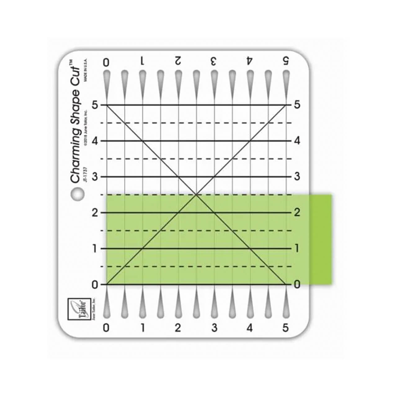 June Tailor Charming Shape Cut Ruler trimming a 2.5-inch fabric strip, highlighting precision measurement and cutting slots