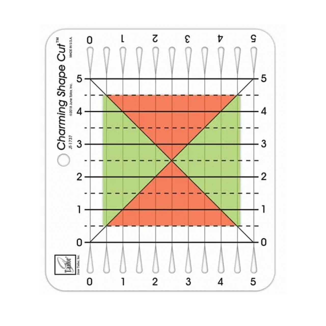 June Tailor Charming Shape Cut Ruler aligning and trimming a quarter square triangle block with clear grid lines and cutting slots