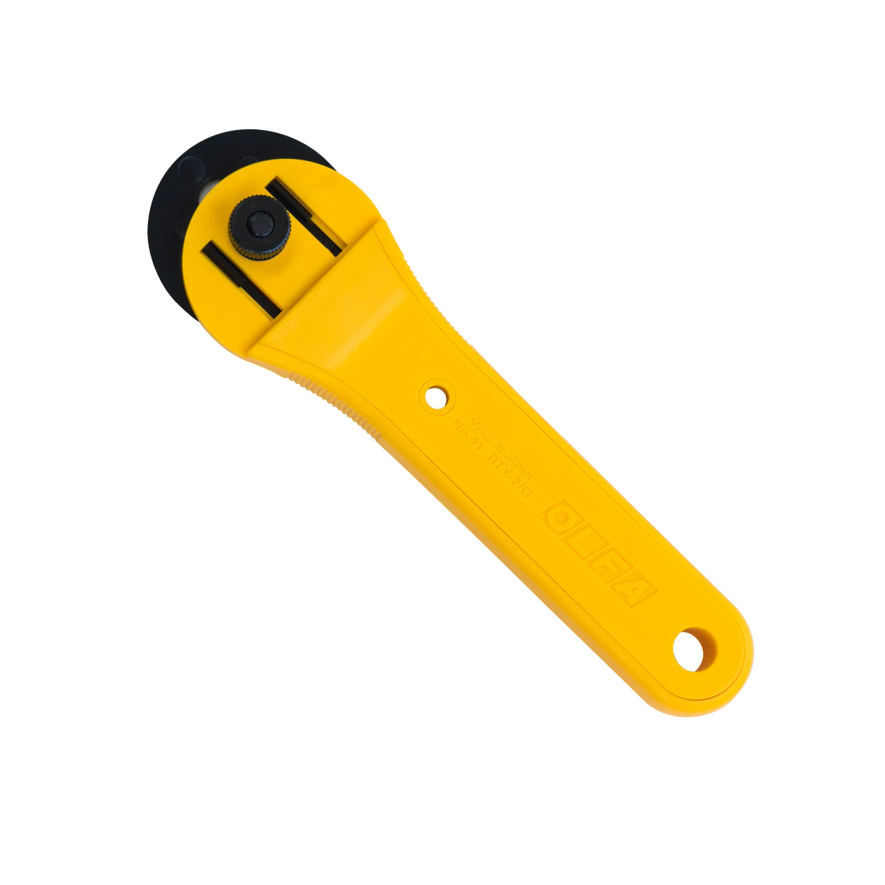 Back view of the OLFA Straight Handle 45mm Rotary Cutter with yellow body and durable tungsten steel blade, ideal for versatile crafting needs.