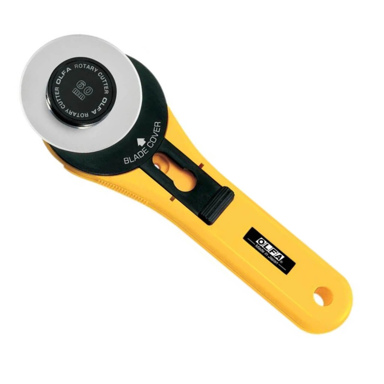 View of the OLFA Straight Handle 60mm Rotary Cutter with safety cover open. Yyellow body and durable tungsten steel blade, ideal for versatile crafting needs.