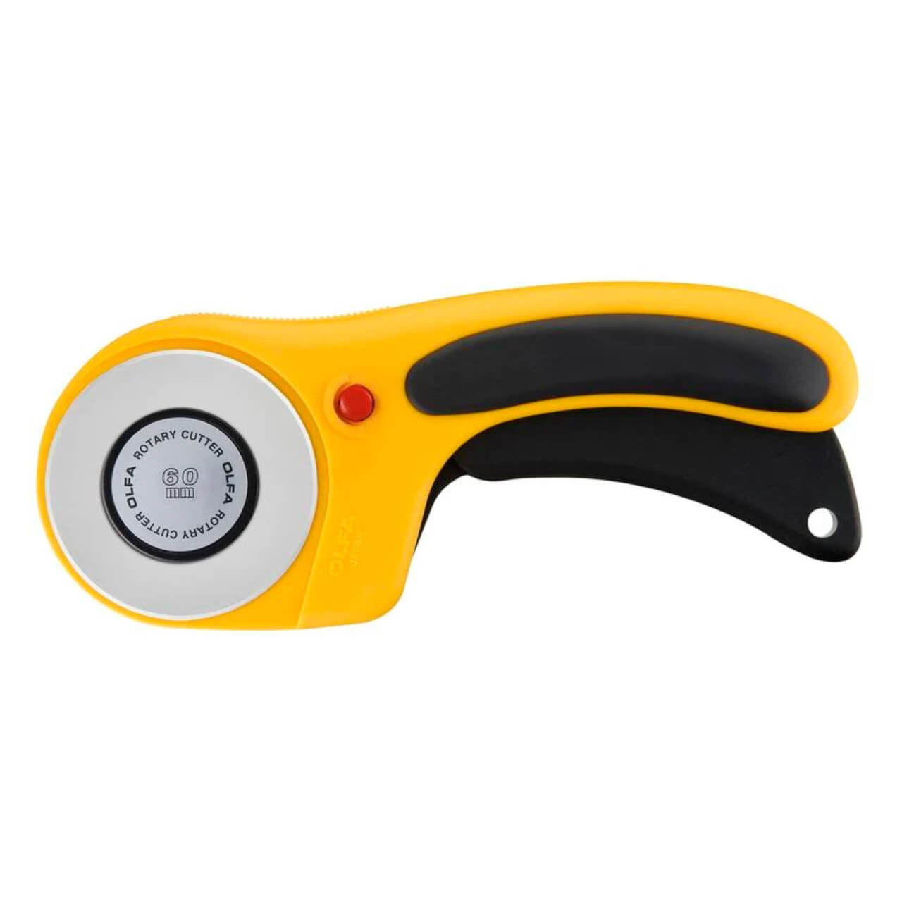 OLFA Deluxe Ergonomic 60mm Rotary Cutter with a vibrant yellow handle, black grip, and silver blade, isolated on a white background.