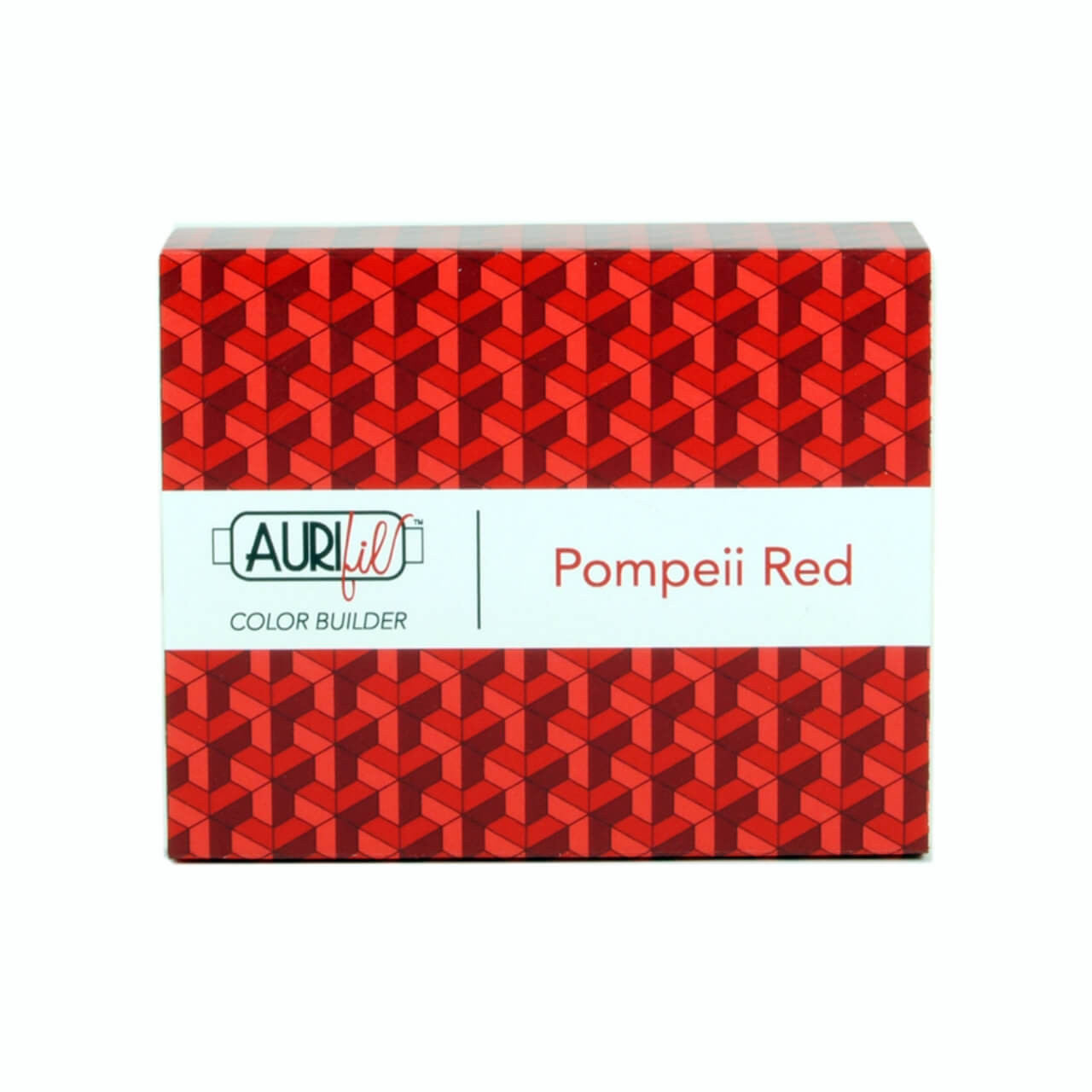 Packaging for Aurifil's Pompeii Red Color Builder, featuring a vibrant red geometric pattern with the Aurifil logo and "Pompeii Red" text on the label.