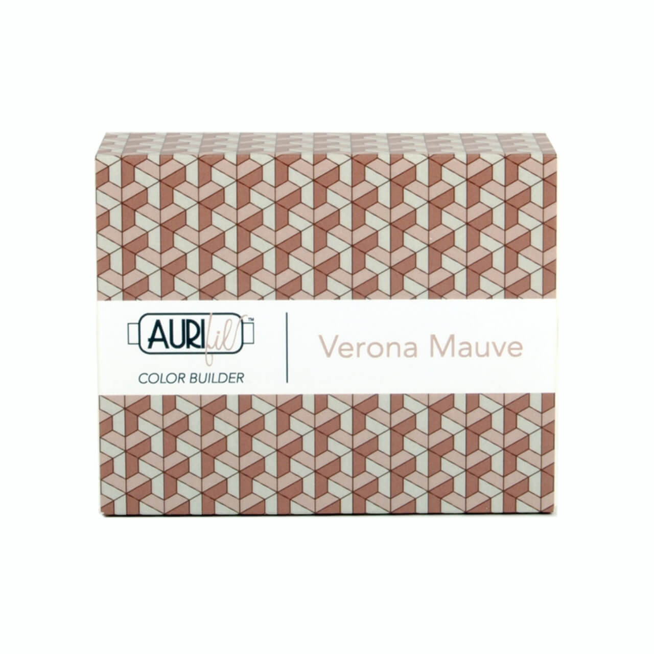 Packaging for Aurifil's Verona Mauve Color Builder, featuring a geometric cube pattern in shades of mauve and beige with the Aurifil logo and "Verona Mauve" text on the label.
