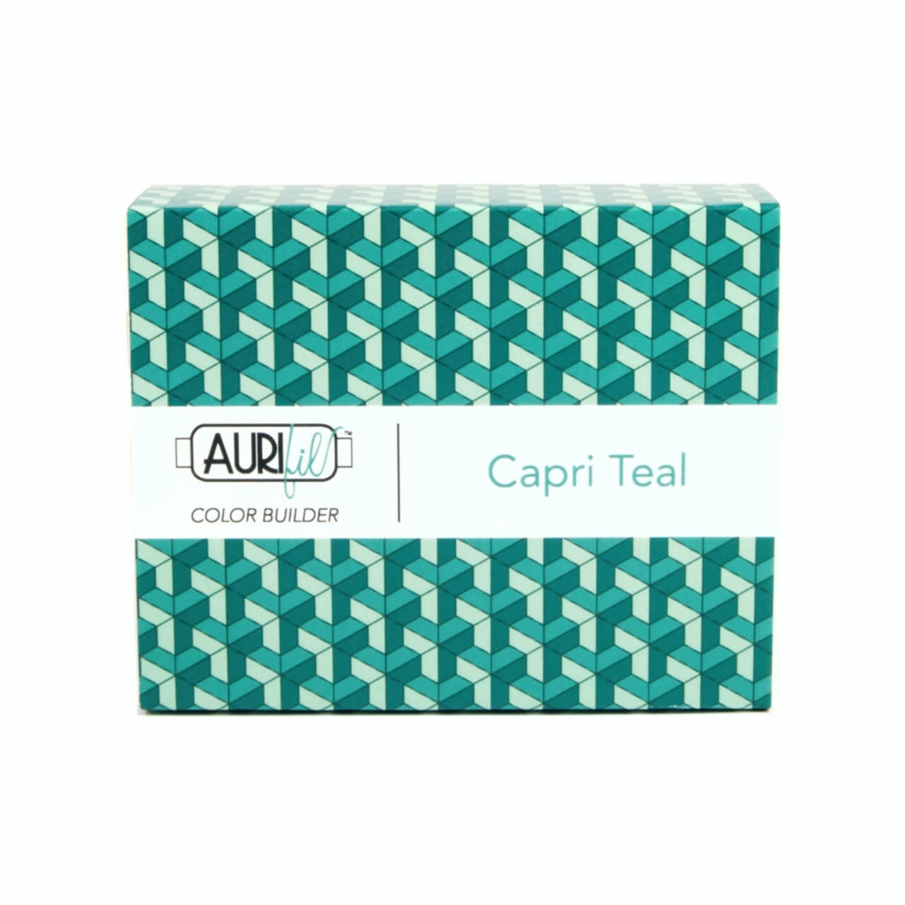 Packaging for Aurifil's Capri Teal Color Builder, showcasing a dynamic geometric pattern in varying shades of teal, with the Aurifil logo and the product name "Capri Teal" clearly displayed on the label.