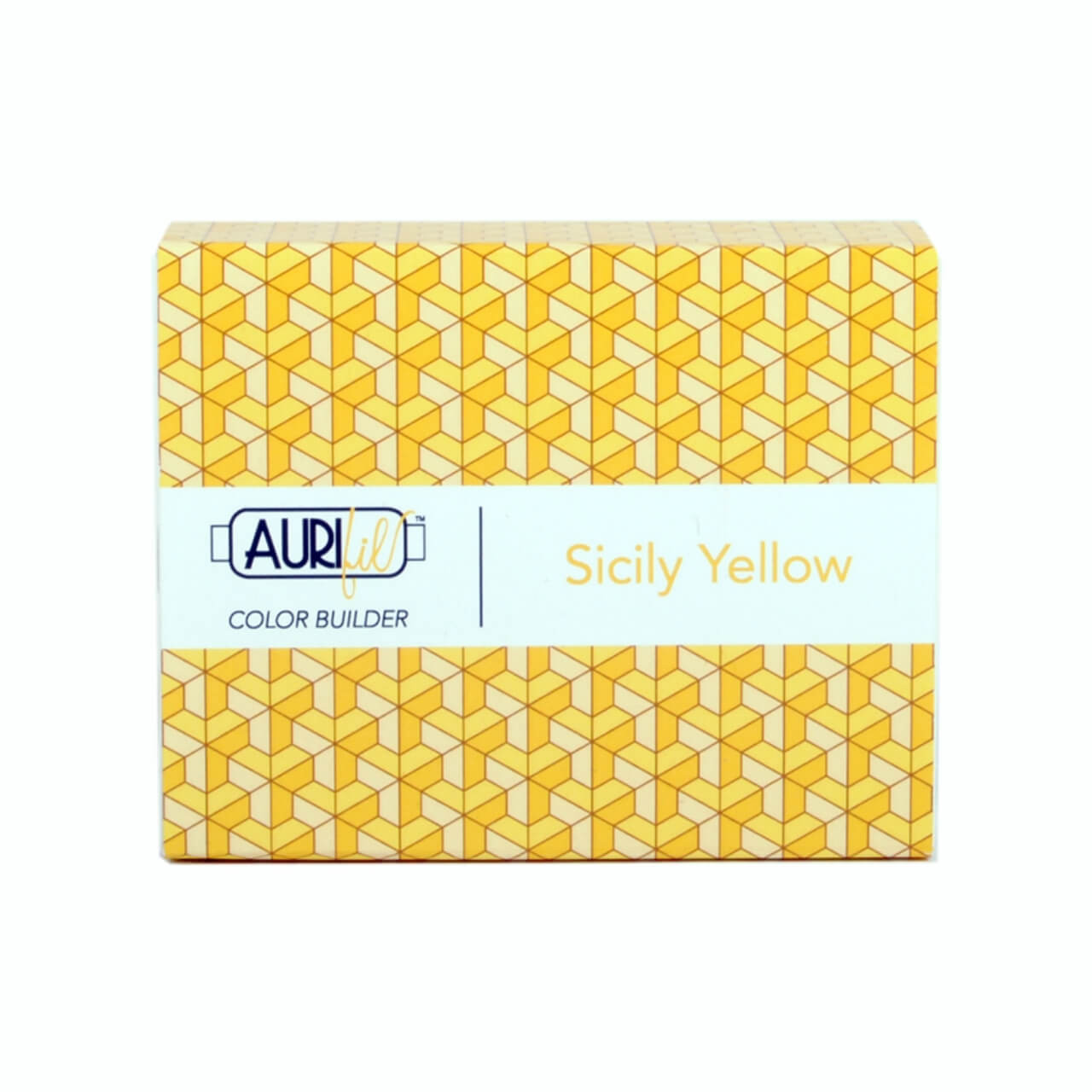 Packaging for Aurifil's Sicily Yellow Color Builder, displaying a vibrant hexagonal pattern in various shades of yellow, complemented by the Aurifil logo and "Sicily Yellow" text on the label.