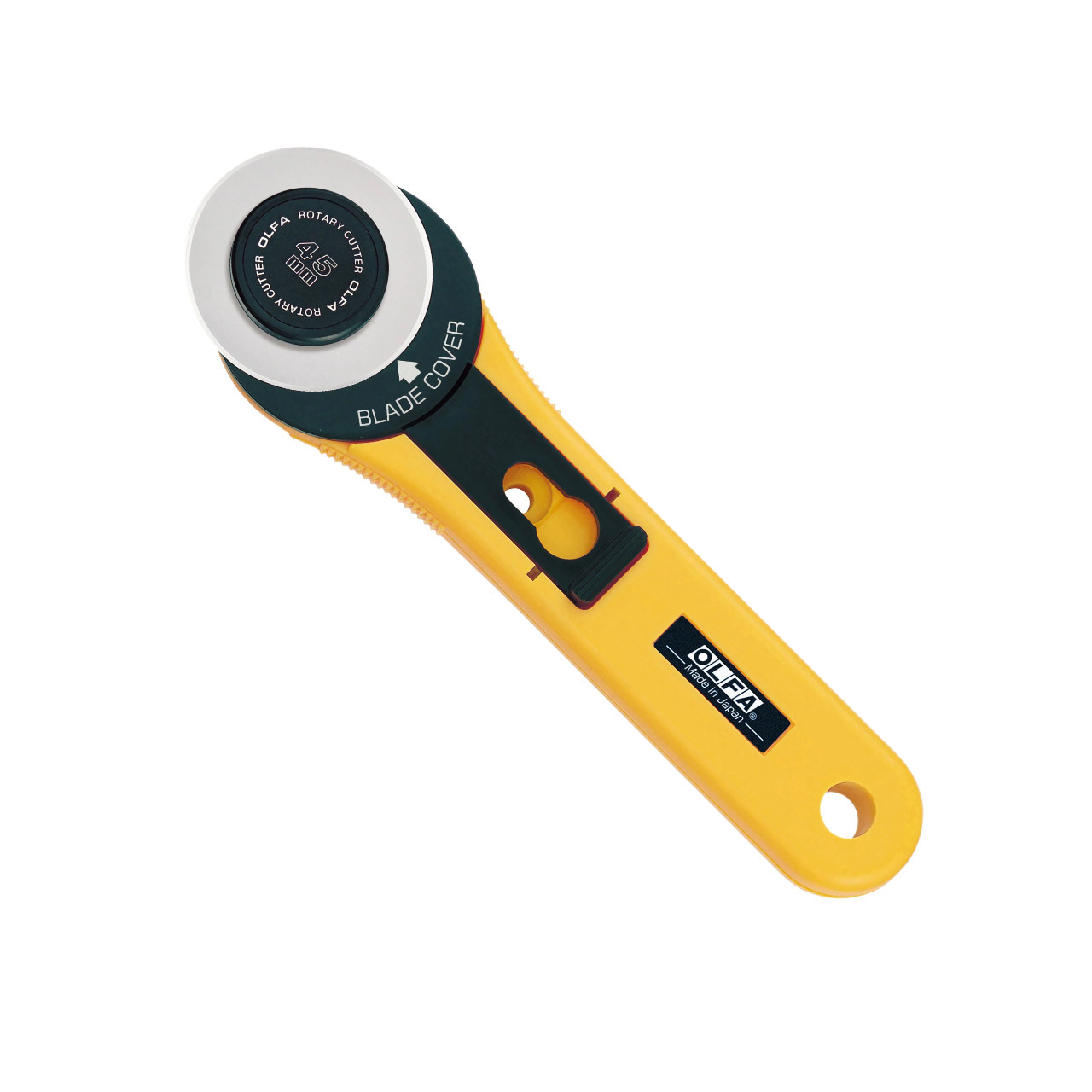 Front view of the OLFA Straight Handle 45mm Rotary Cutter with yellow body and durable tungsten steel blade, ideal for versatile crafting needs.