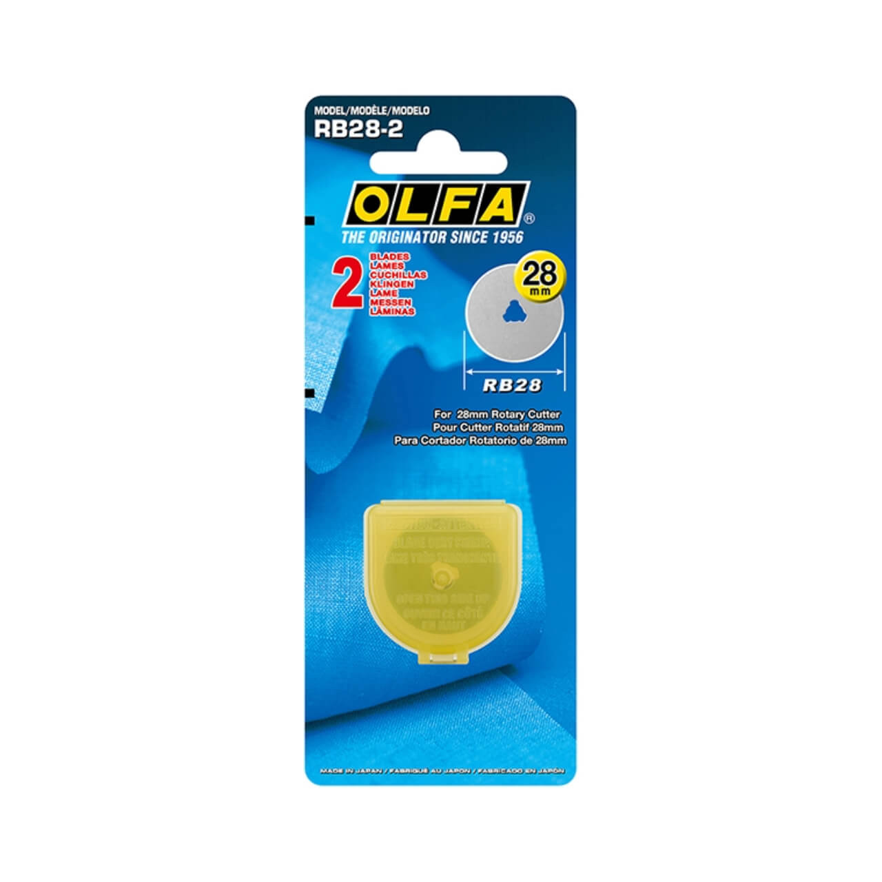 OLFA RB28-2 28mm Rotary Blade package showcasing the blades in a yellow plastic case against a blue background