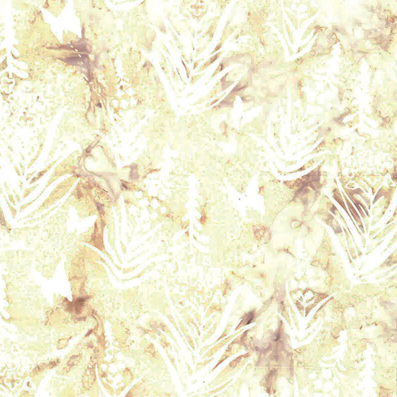A detailed view of Hoffman Fabrics' Fossil Flora batik fabric, featuring yellow botanical patterns with a crackle effect on cotton.