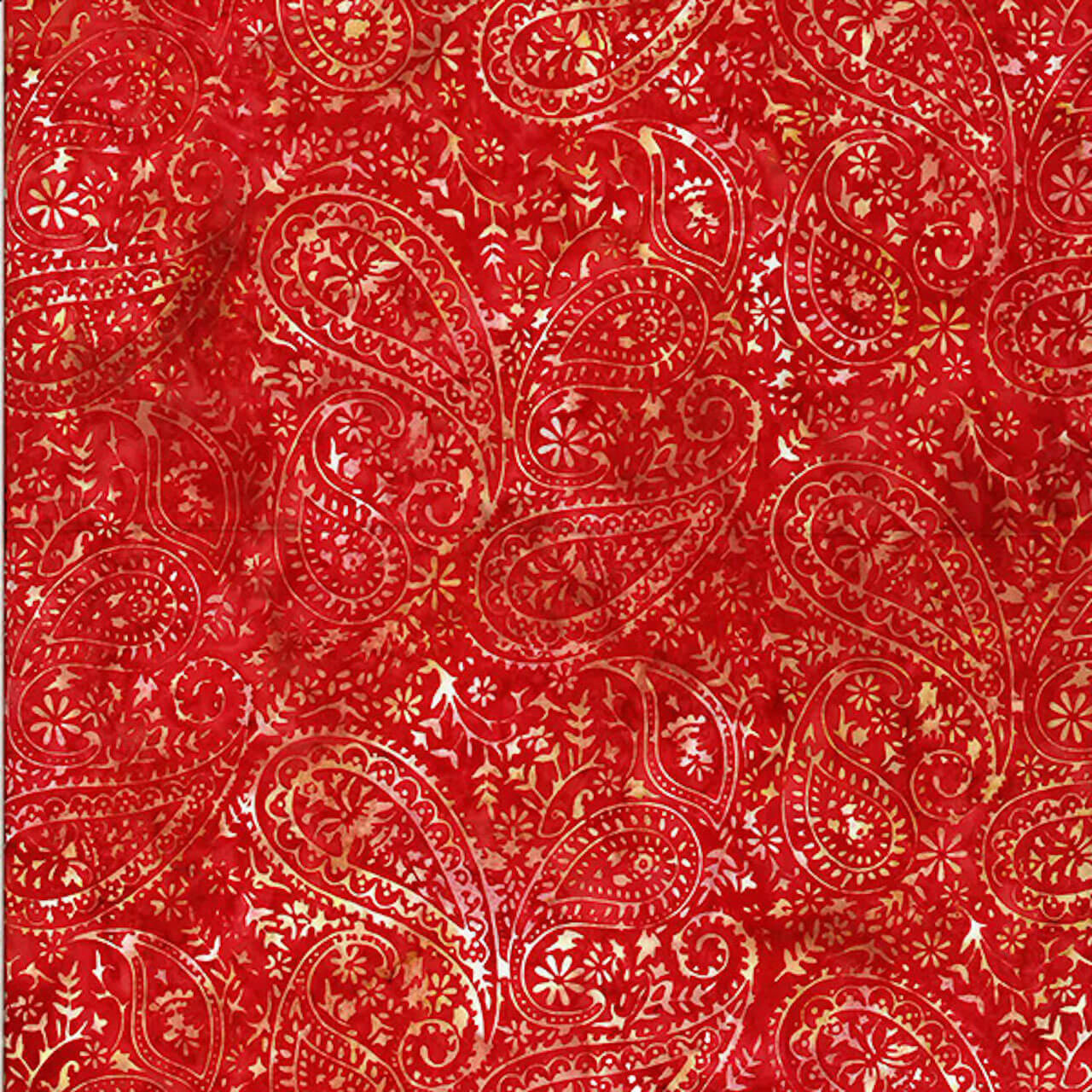 Vibrant red Chili Paisley batik fabric from Hoffman Fabrics' Bali Handpaints Batiks collection, featuring intricate paisley patterns.