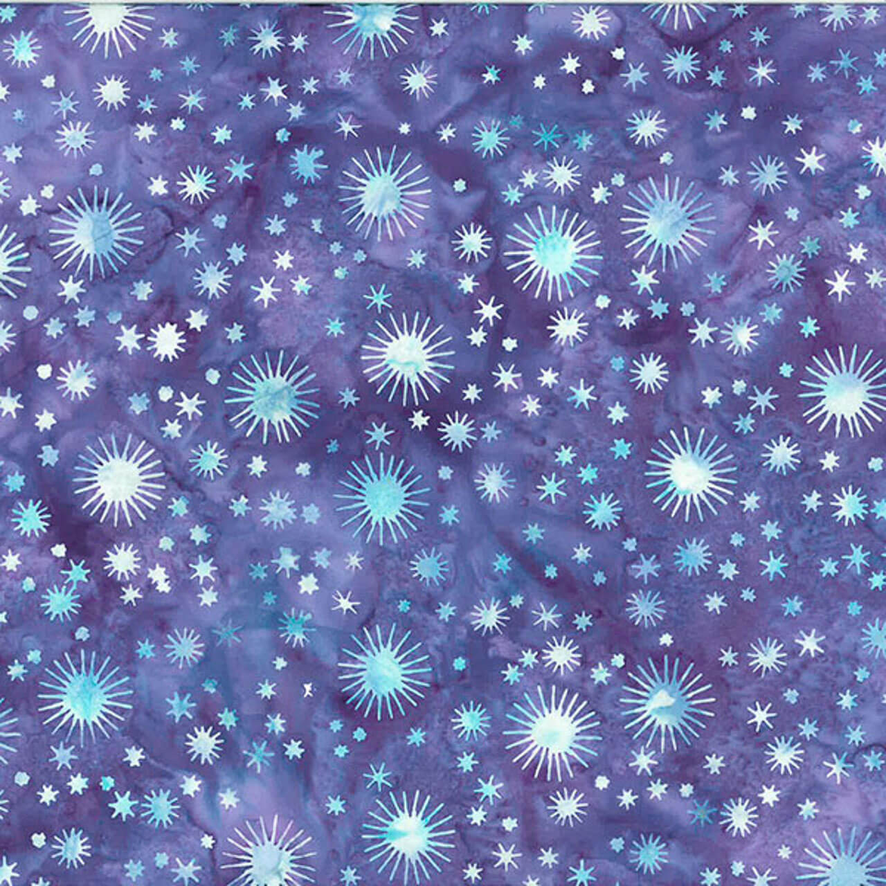 100% cotton batik fabric named Jubilee Starburst, in blue with starburst patterns, from Hoffman Fabrics' Bali Handpaints Batiks collection.