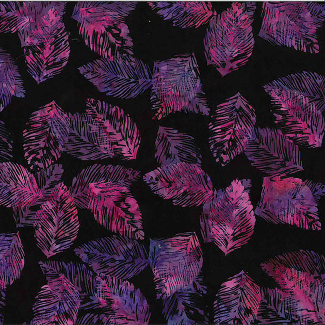 100% cotton batik fabric named Plum Plumes, featuring feather patterns in shades of plum and pink on a black background, from Hoffman Fabrics' Bali Handpaints Batiks series.