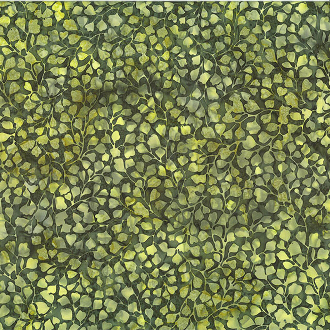 100% cotton batik fabric named Forest Fresco, featuring a variety of green shades in a leafy pattern, from Hoffman Fabrics' Bali Handpaints Batiks series.