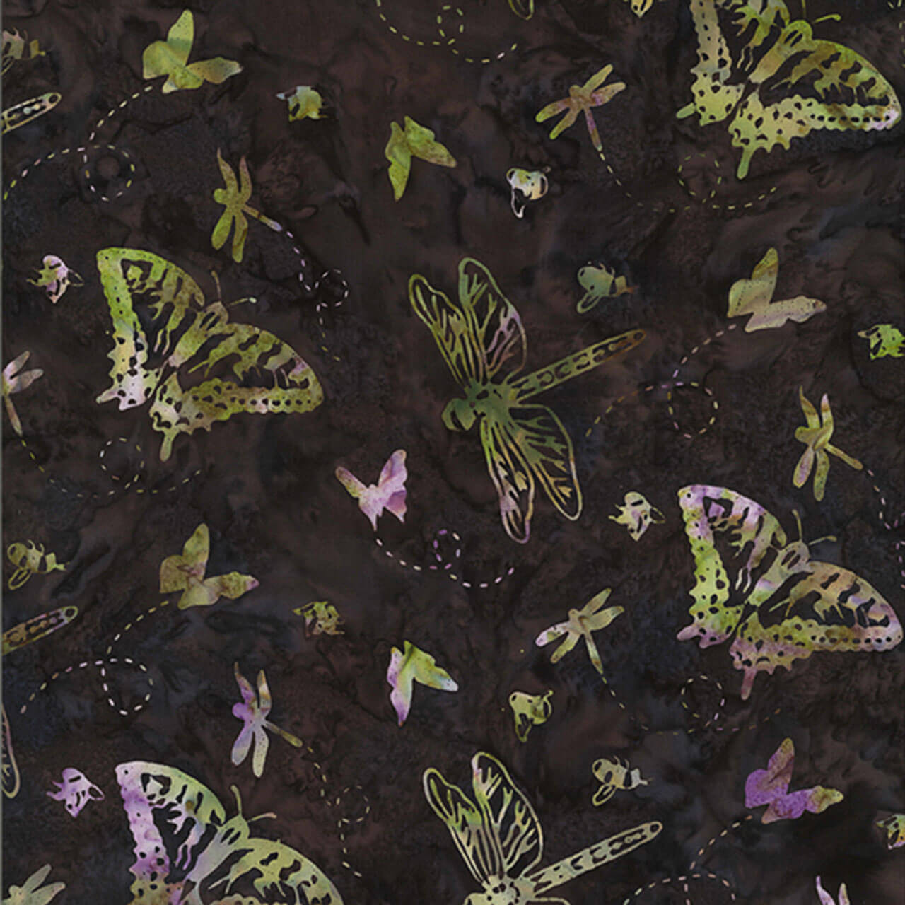 100% cotton batik fabric named Fluttering Dusk, featuring dragonflies and butterflies in vibrant hues on a black background, from Hoffman Fabrics' Bali Handpaints Batiks series.
