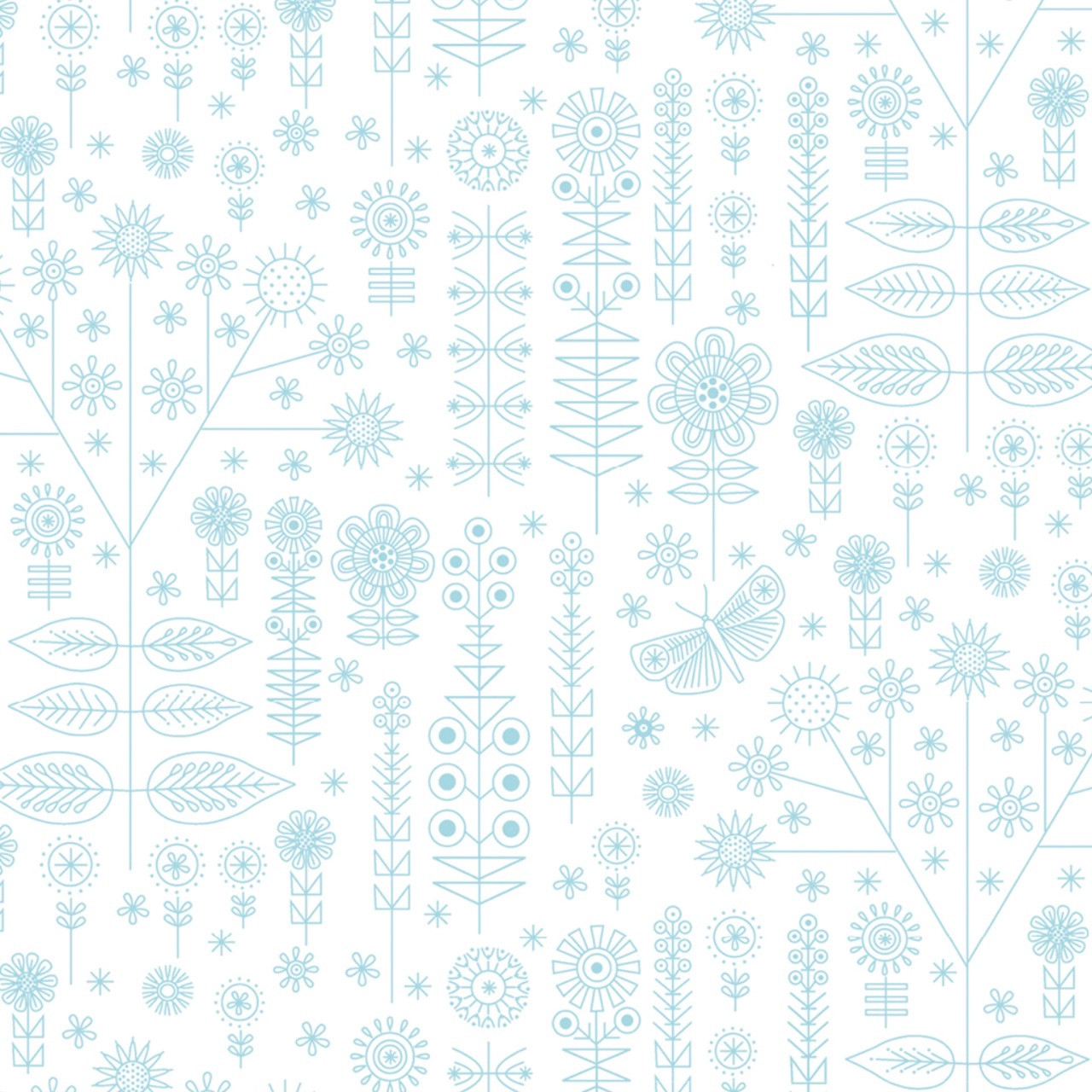 White 100% cotton fabric with blue botanical sketch patterns from Clothworks' Summer Sampler collection by Nancy Nicholson.
