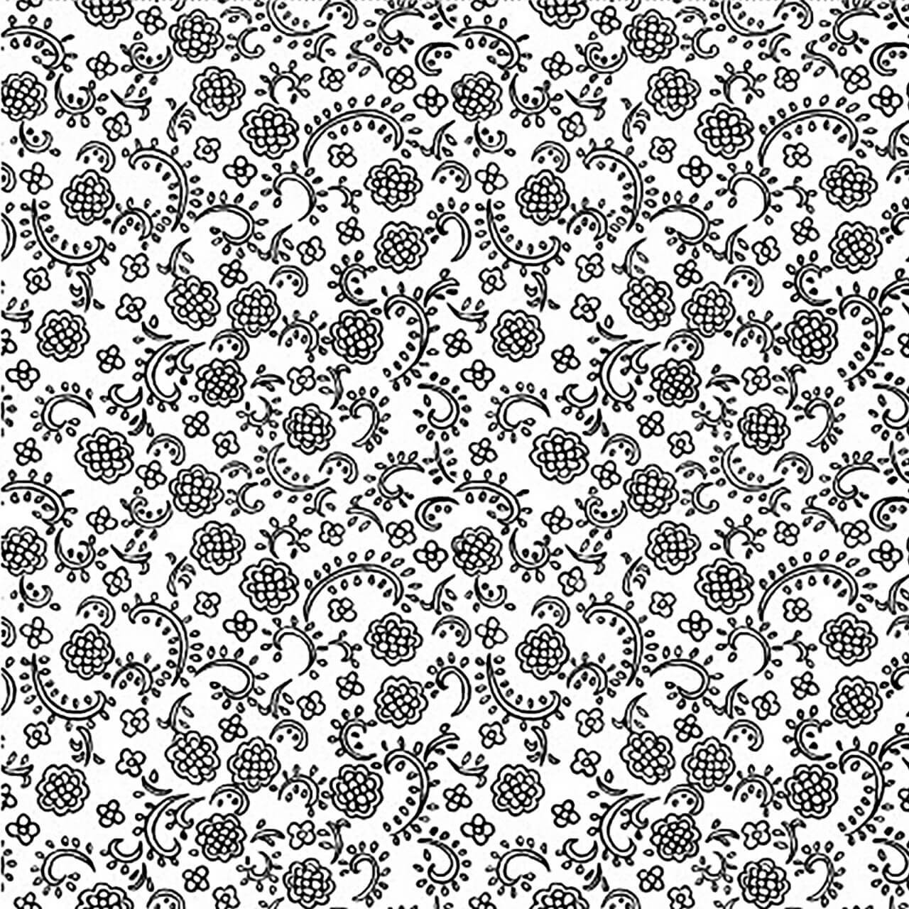 100% cotton white fabric with intricate black floral patterns from Clothworks' 'Cassandra' by Skipping Stones Studio.