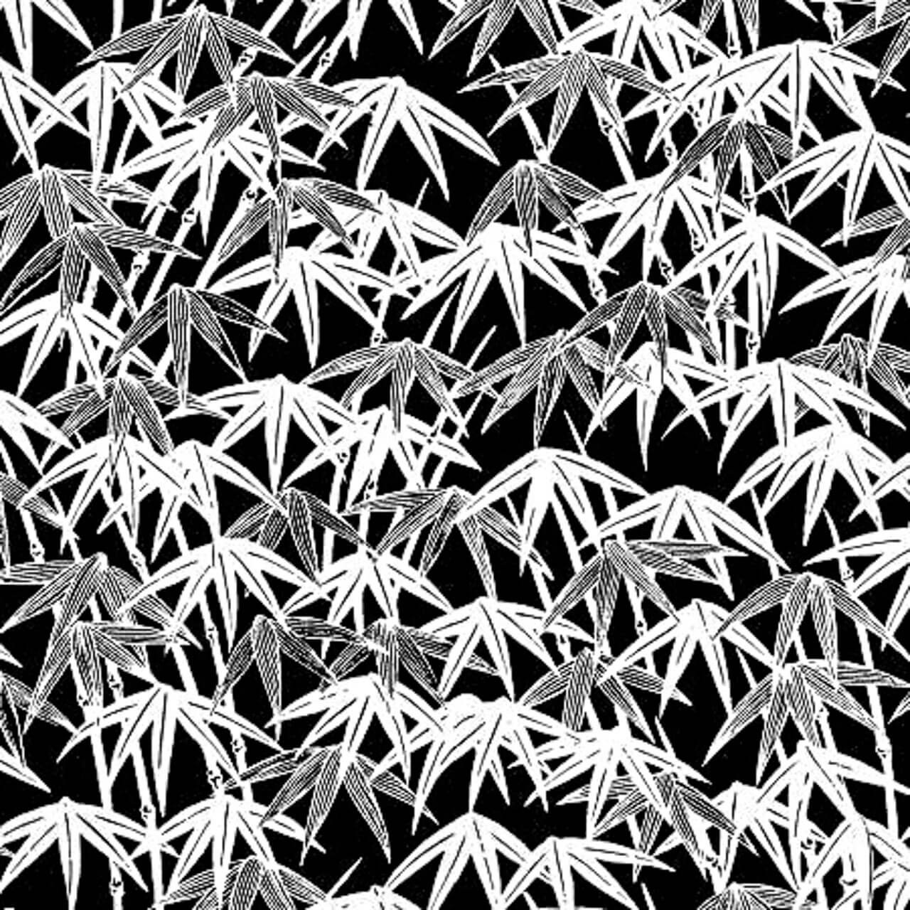 Black and white bamboo leaf pattern on 100% cotton fabric from Clothworks' Ruby Nights collection, named 'Bamboo Forest'.